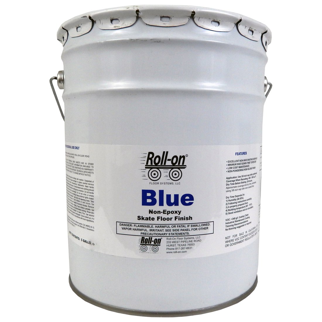 Five gallon pail of Roll-on Blue skate floor finish