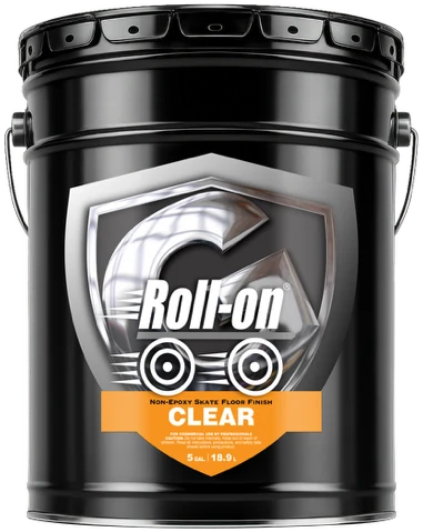 Five gallon pail of Roll-on Clear non-epoxy skate floor finish