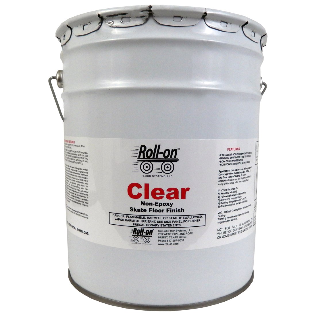 Five gallon pail of Roll-on Clear skate floor finish